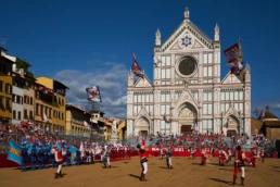 Calcio Storico Fiorentino: the sand arena set up in Piazza Santa Croce, facing the Basilica di Santa Croce